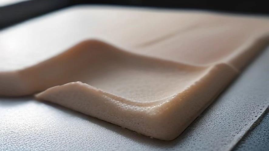Close-up of baking sheet edge showing thickness and surface finish