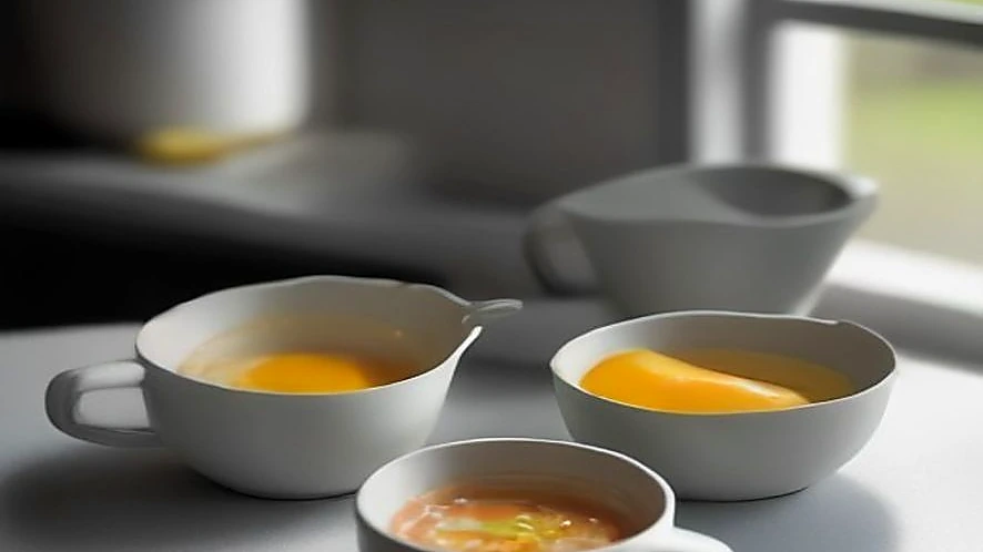 Measuring cup with water and egg trays inside an electric egg boiler