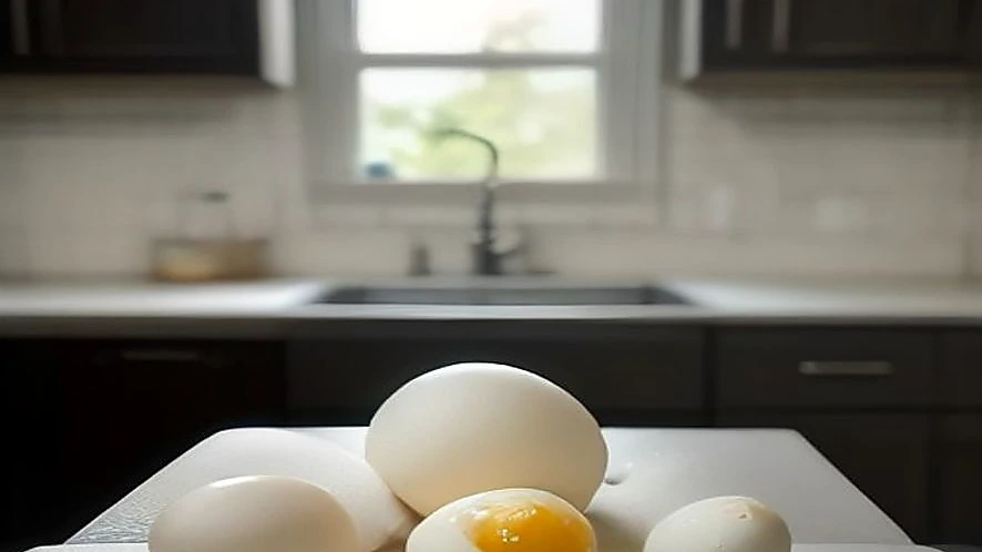 Electric egg boiler on kitchen counter alongside peeled hard-boiled eggs