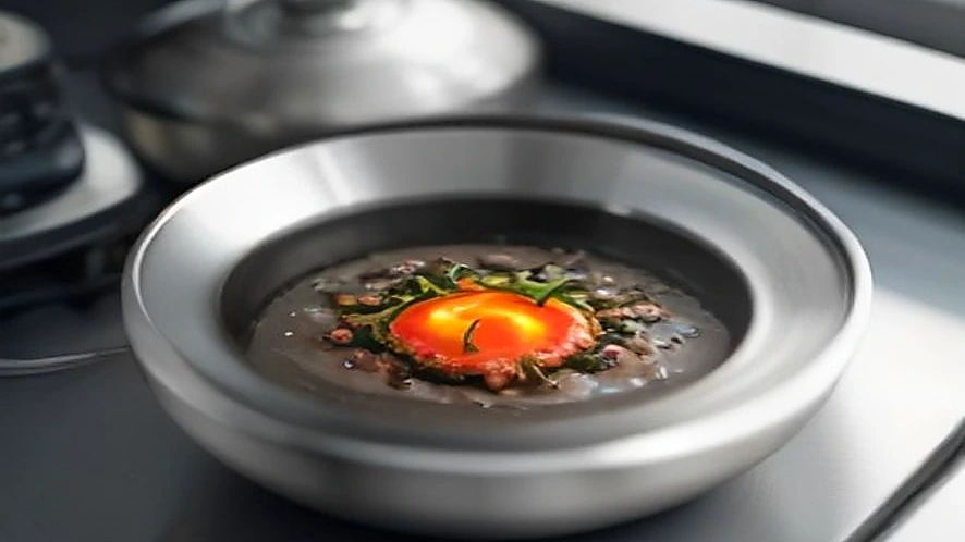 Tri-ply stainless steel kadai heating oil on a gas stove