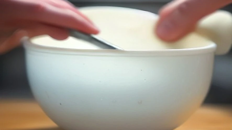 Hand mixer beaters immersed in thick cake batter during mixing