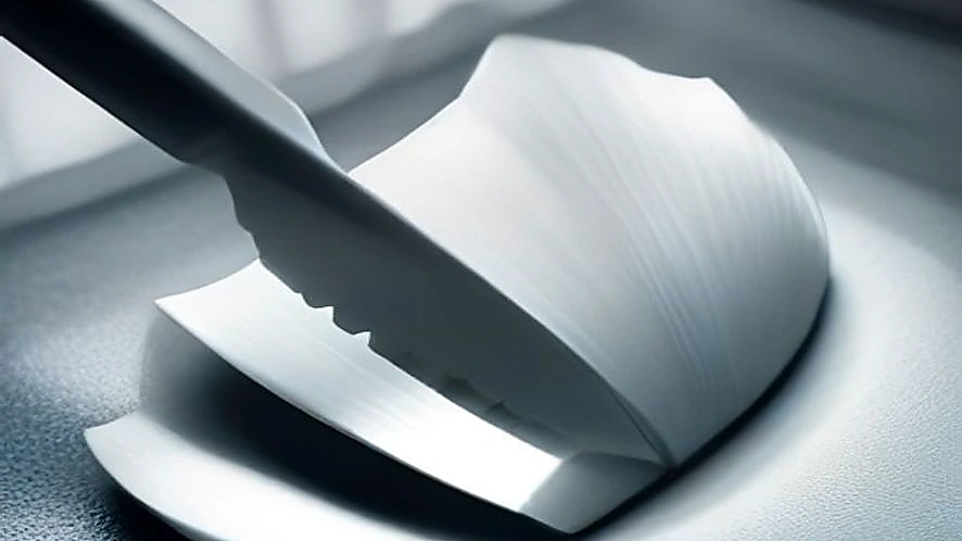 Mandoline slicer blade cutting potato showing thickness adjustment