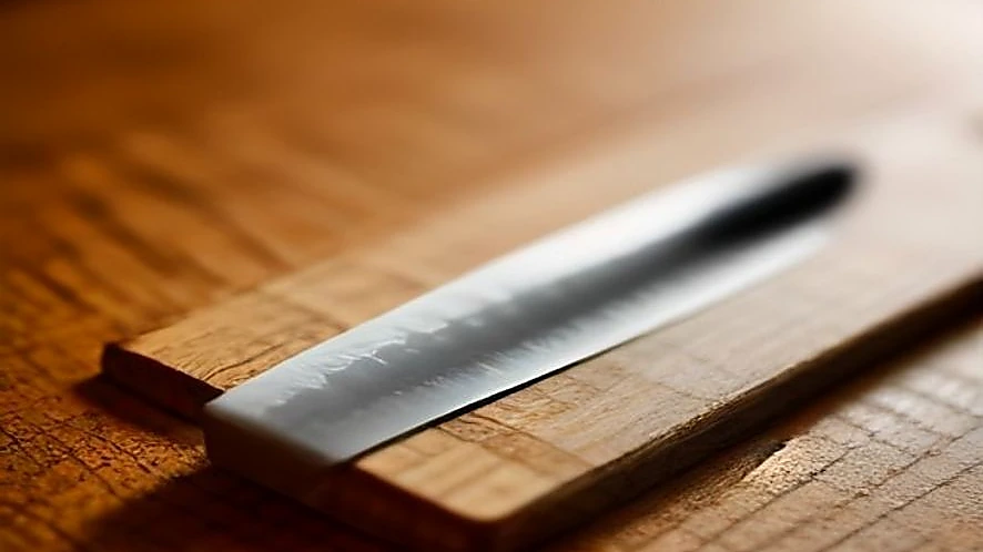 Close-up of nakiri knife blade edge and vegetable slices