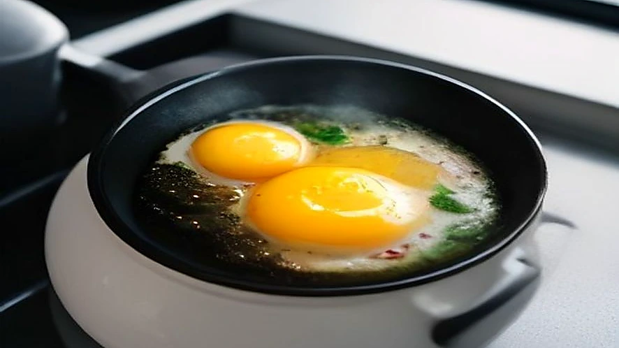 small nonstick egg pan with omelette cooking on stovetop
