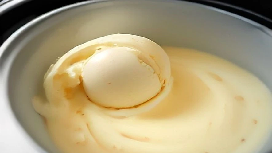 Ice cream maker paddle churning vanilla ice cream in bowl