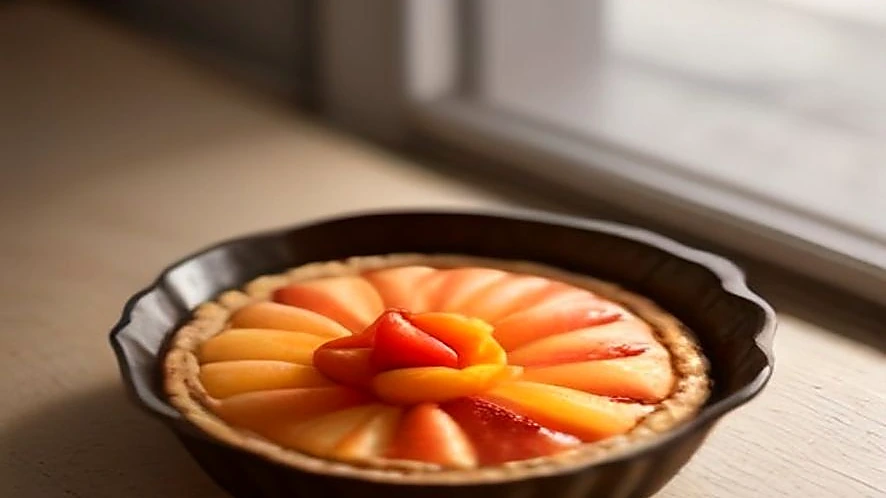 Person removing a fruit tart from a tart pan with a removable base