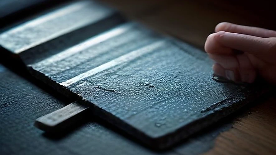 Japanese whetstone with water slurry during knife sharpening