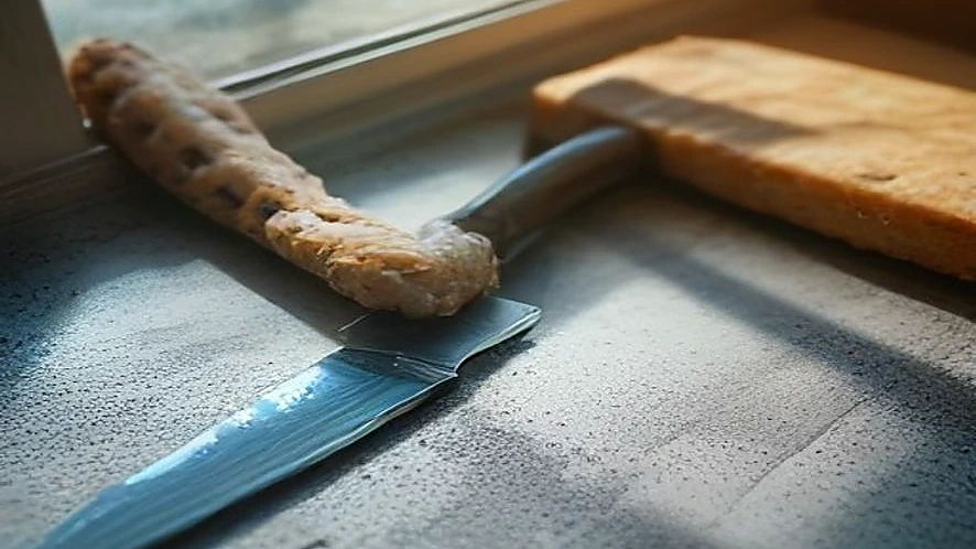 boning knife blade flexing around a chicken bone showing flexibility
