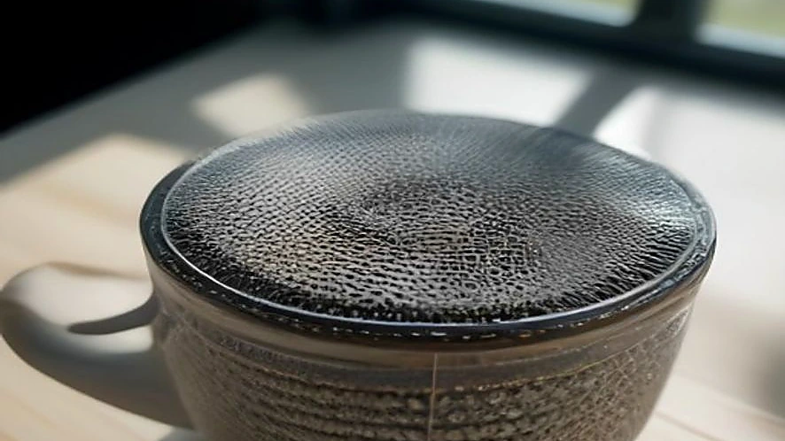Fine mesh and handle detail of a stainless steel strainer