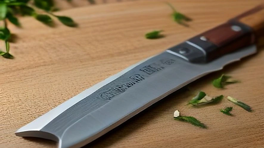 mezzaluna double blade knife on wooden recessed cutting board with herbs