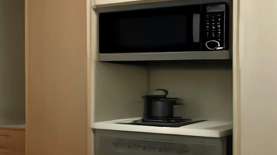 Close-up of microwave oven turntable and digital control panel