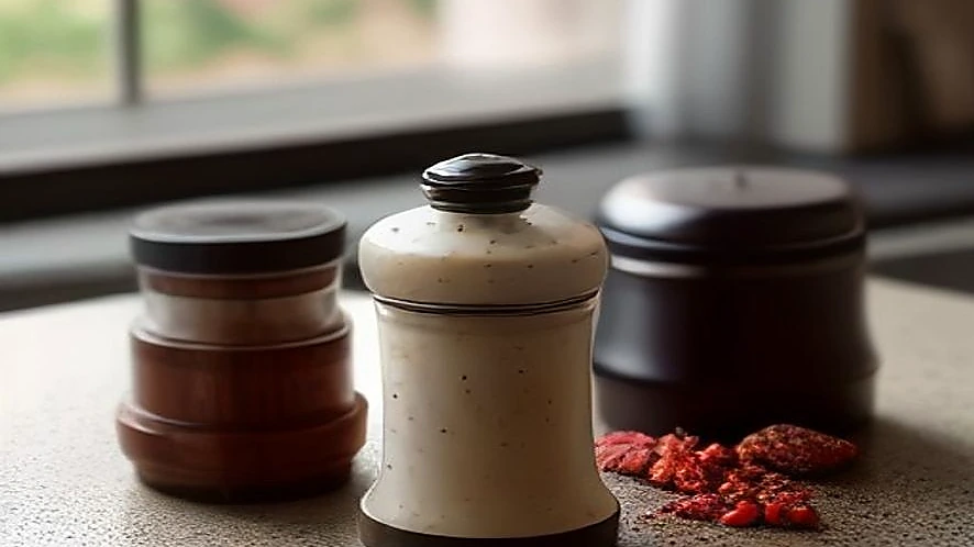 Pepper grinder disassembled showing burr alignment and cracked peppercorns