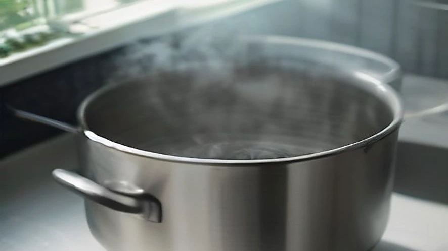 Stainless steel steamer basket in use showing water boiling beneath