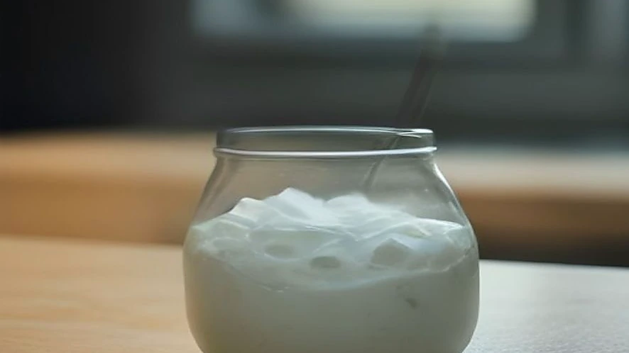 Glass jar of creamy homemade dahi inside a yogurt maker in kitchen