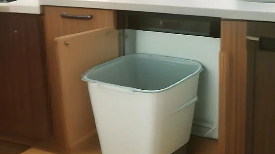Visual comparison of a freestanding trash can and an under sink pull-out bin inside cabinet