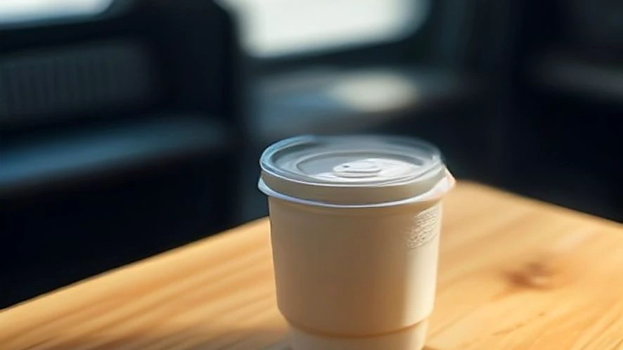 Travel mug held in commuter's hand and tumbler resting on office desk